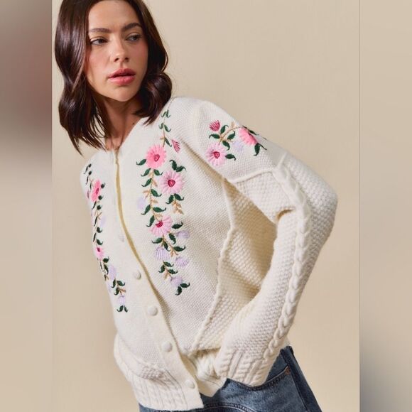 SO ME Floral Embroidered Coquette Cardigan Embroidered Cream Sweater - Picture 8 of 11